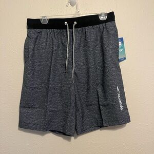 NWT Men’s Speedo Swim Trunks Medium Lined Pocket 9” Gray Black Tie Waist UPF 50